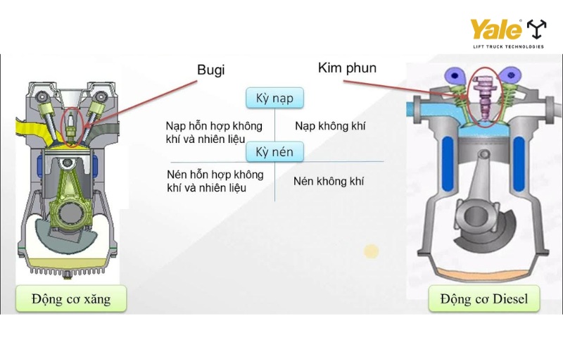 Động cơ xăng và diesel đều là động cơ đốt trong nhưng khác biệt rõ rệt ở cơ chế đánh lửa: xăng dùng bugi, diesel dùng nén khí để tự cháy
