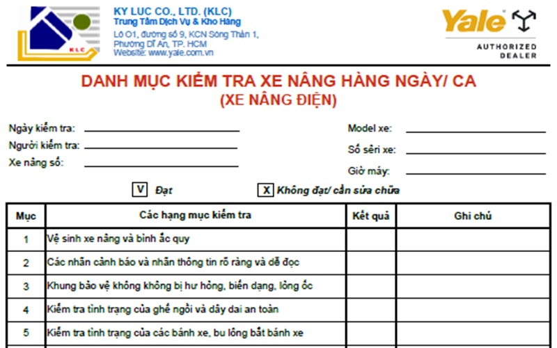 Biểu mẫu checklist xe nâng là tài liệu được thiết kế để nhân viên tiến hành kiểm tra các phần