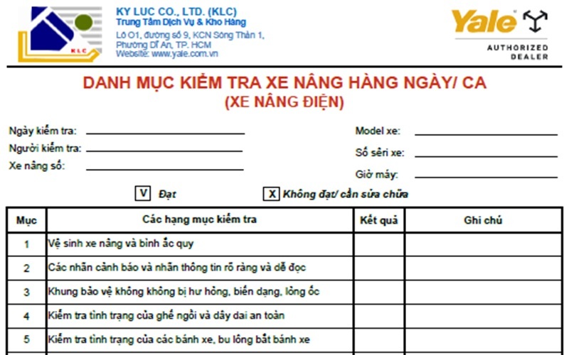 Một biểu mẫu checklist xe nâng cần thể hiện rõ ràng từng hạng mục để người kiểm tra dễ dàng ghi nhận tình trạng