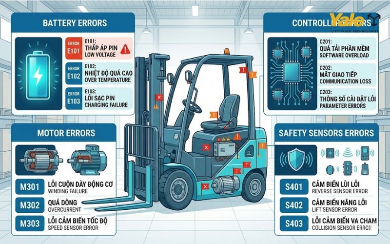Bốn nhóm mã lỗi tương ứng với 4 hệ thống cốt lõi của xe nâng điện.